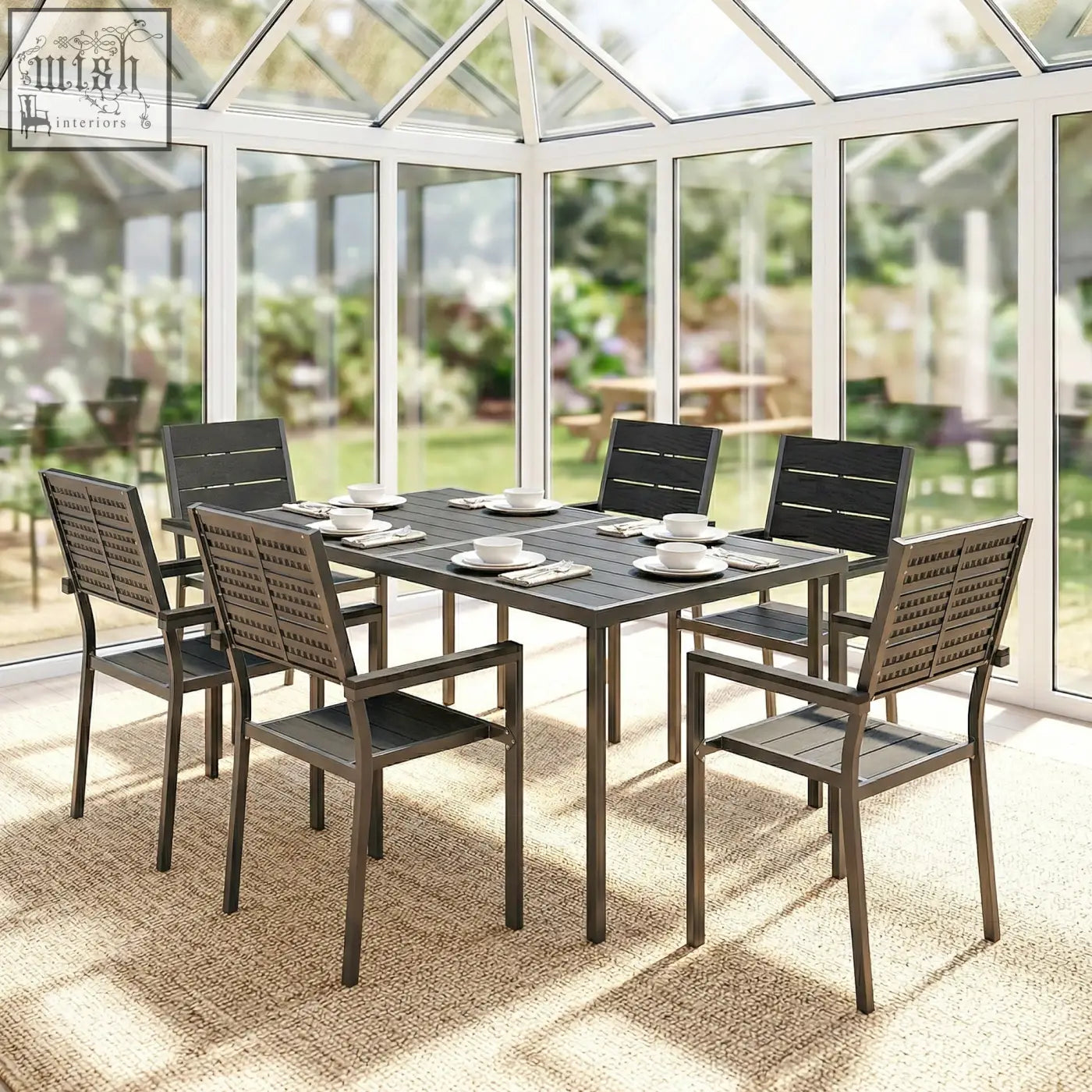 Dark gray outsunny 7 pieces outdoor dining set with slatted wooden table and woven backrest chairs patio dining set