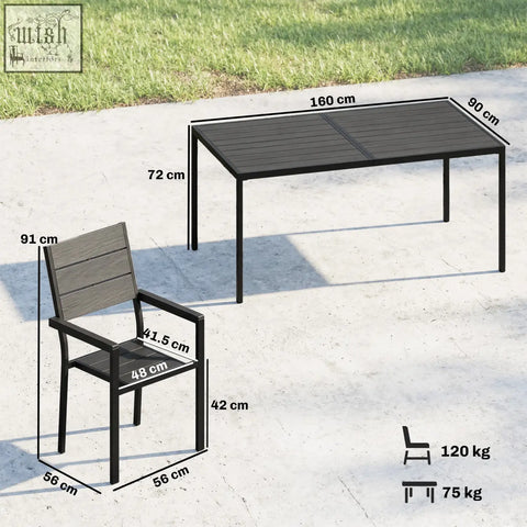 Black metal patio dining set with slatted table top and matching chair perfect for outdoor patio dining