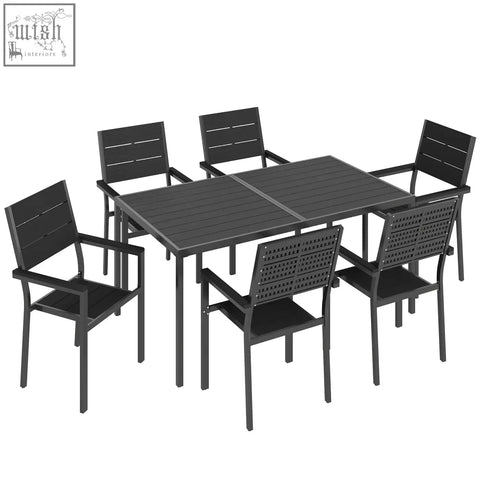 Black slatted outsunny 7 piece patio dining set with rectangular table and six chairs for outdoor dining
