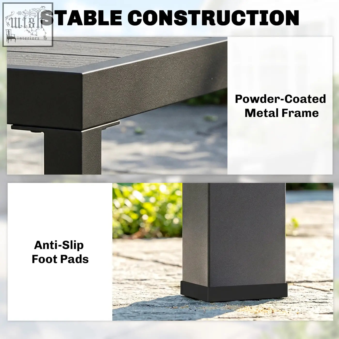 Black powder-coated metal frame with anti-slip foot pads on outsunny patio dining set for outdoor dining