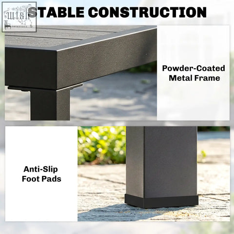Black powder-coated metal frame with anti-slip foot pads on outsunny patio dining set for outdoor dining
