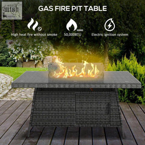 Dark gray woven wicker gas fire pit table with central flame display in six armchairs garden furniture set