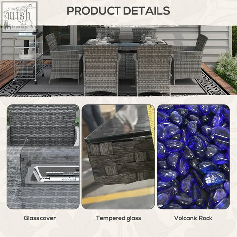Gray woven wicker outdoor dining set with glass top pit table and six armchairs in garden furniture set