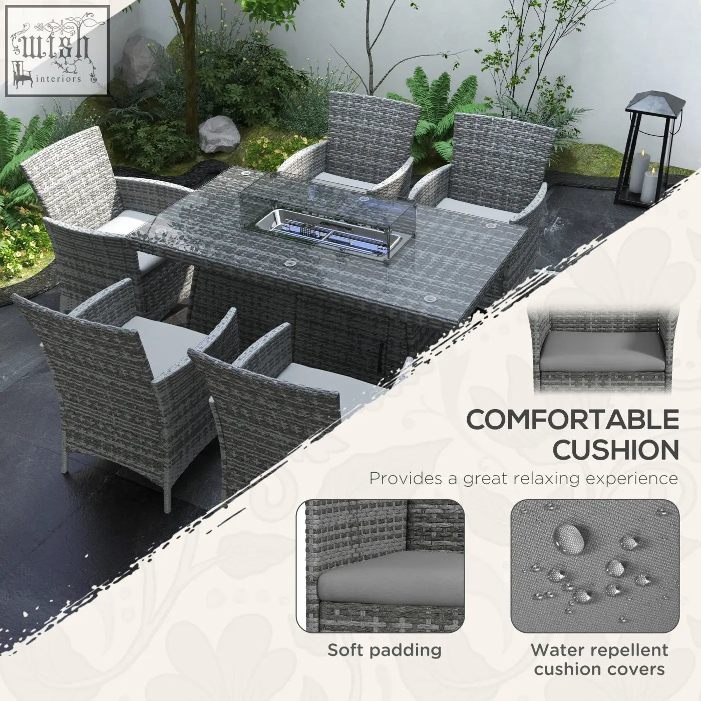 Outsunny gray woven wicker garden furniture with six armchairs and glass-top pit table featuring propane fire pit