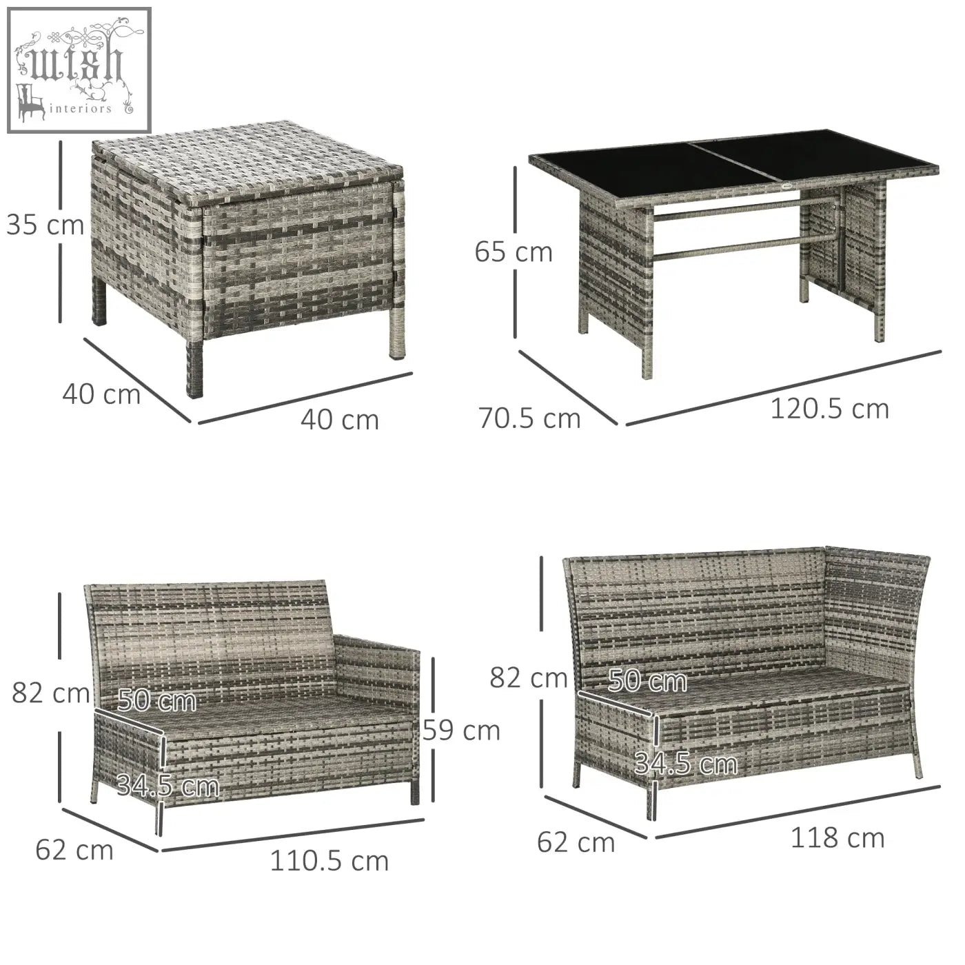 Gray woven wicker outdoor patio corner sofa set with rust-resistant metal frame and glass table in dark blue cushions