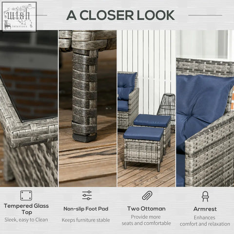 Gray woven wicker outdoor corner sofa set with navy cushions tempered glass top and rust-resistant metal frame