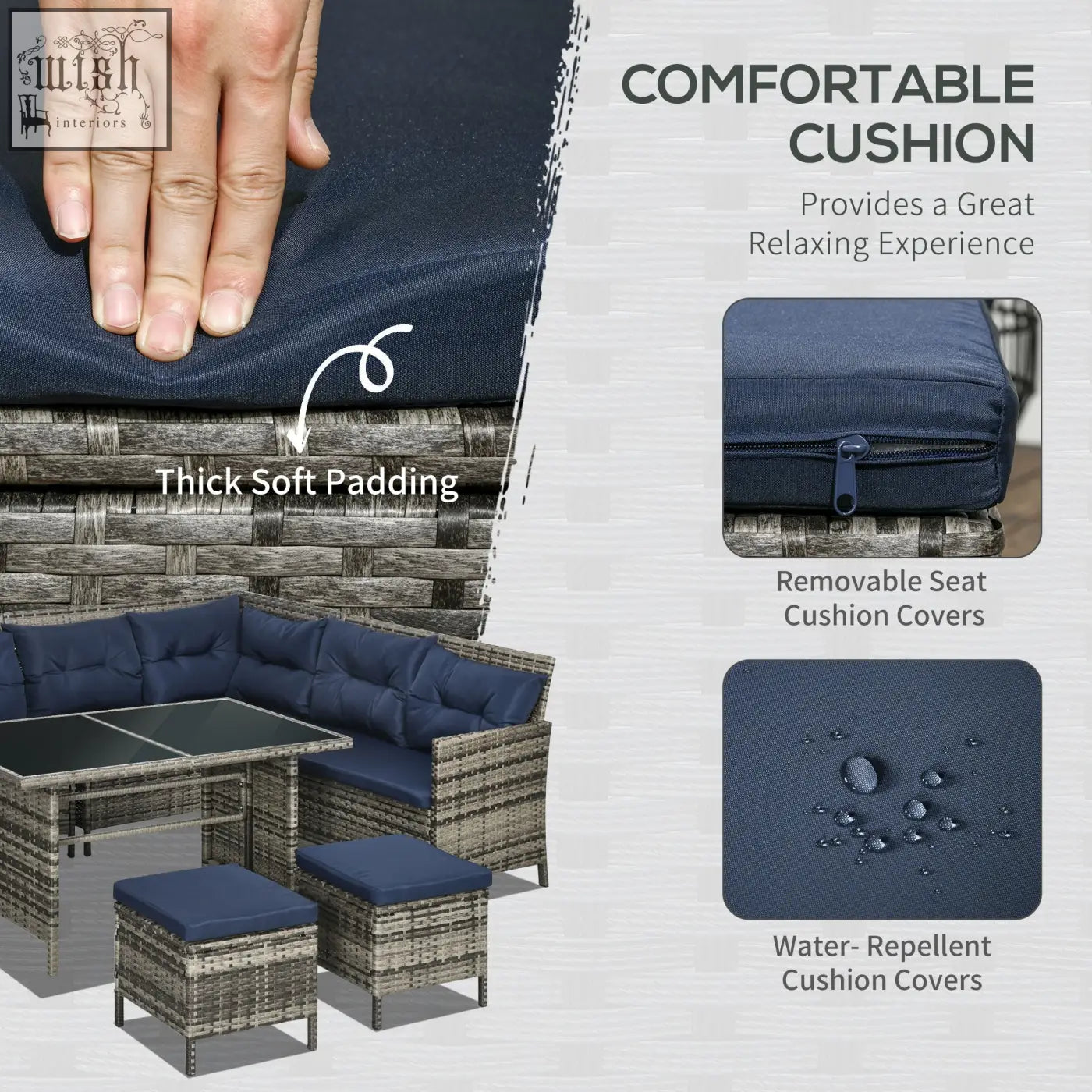 Deep navy blue cushion with thick padding and water-repellent fabric for outsunny corner sofa with rust-resistant metal frame