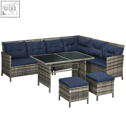 Outsunny 7-seater patio corner sofa set with gray wicker, navy blue cushions, rust-resistant metal frame, and glass-top table