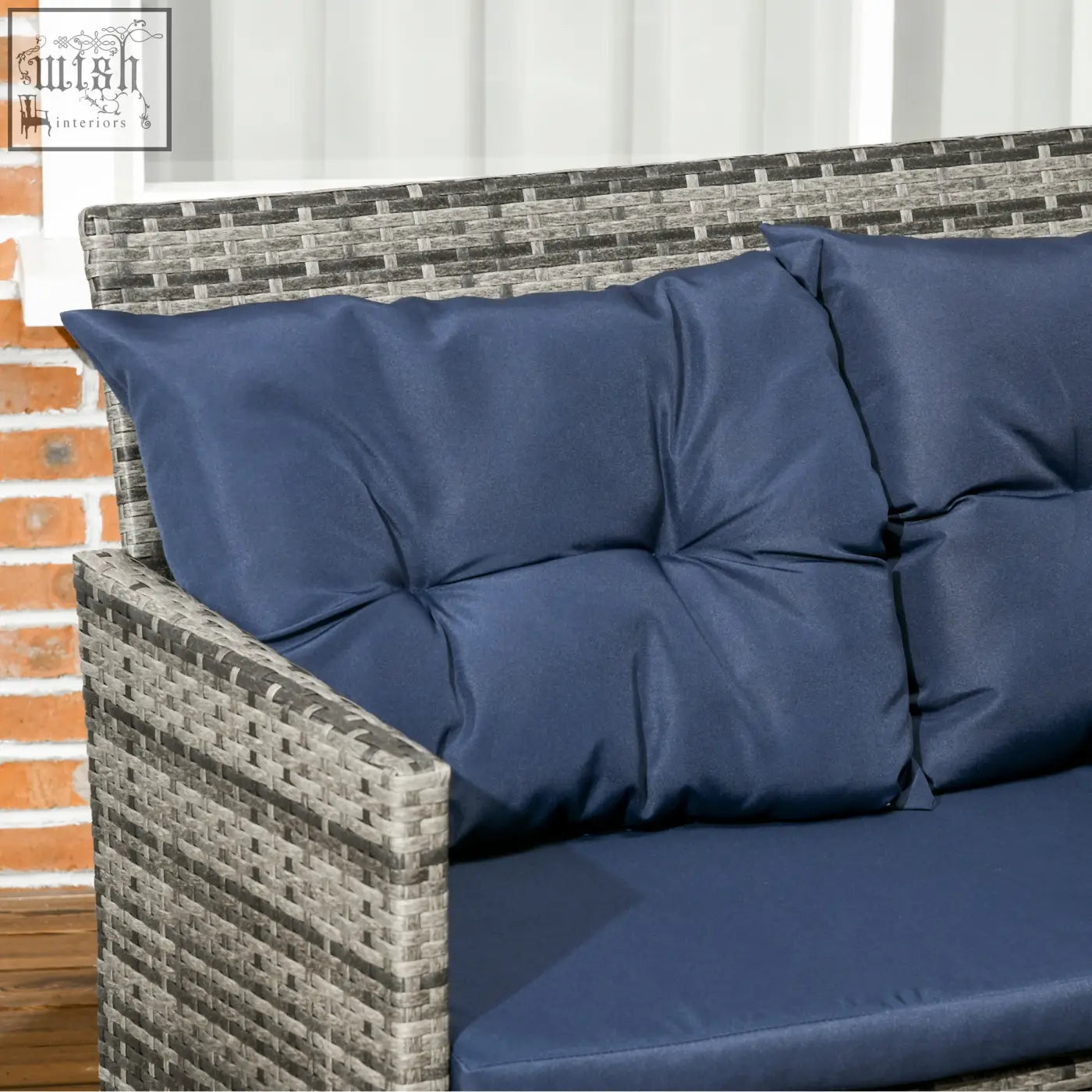 Navy blue cushioned corner sofa with rust-resistant metal frame and woven gray rattan in outsunny patio set
