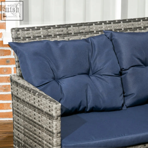 Navy blue cushioned corner sofa with rust-resistant metal frame and woven gray rattan in outsunny patio set