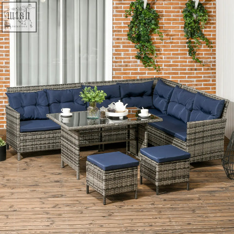 Gray woven wicker corner sofa set with navy cushions rust-resistant metal frame outdoor patio furniture
