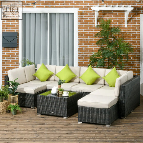 Black wicker corner sofa set with beige cushions and lime green pillows steel frame and tempered glass table