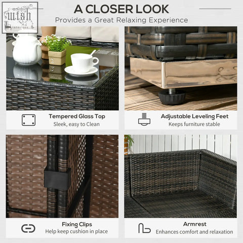 Black woven wicker 7-seater corner sofa set with steel frame, tempered glass table, and adjustable leveling feet for patio
