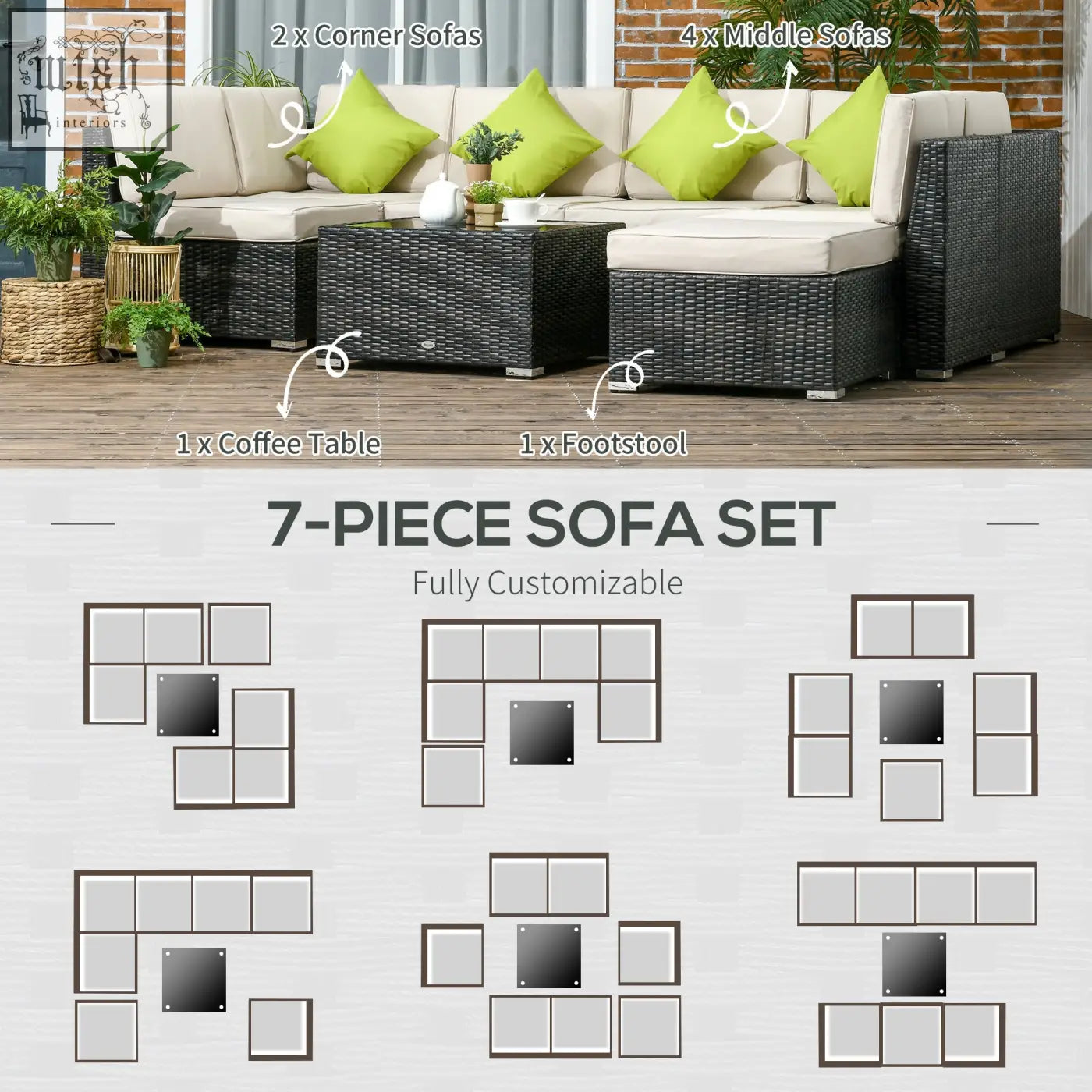 Black wicker outsunny 7-seater corner sofa set with beige cushions lime green pillows steel frame and tempered glass table