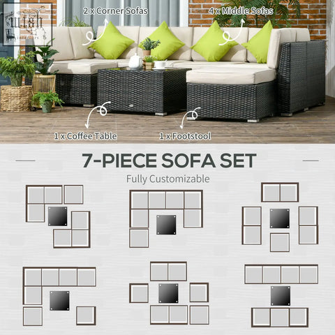 Black wicker outsunny 7-seater corner sofa set with beige cushions lime green pillows steel frame and tempered glass table