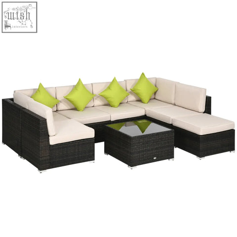 Outsunny 7-seater pe rattan corner sofa set with steel frame black wicker, cream cushions, lime throw pillows, and tempered glass table