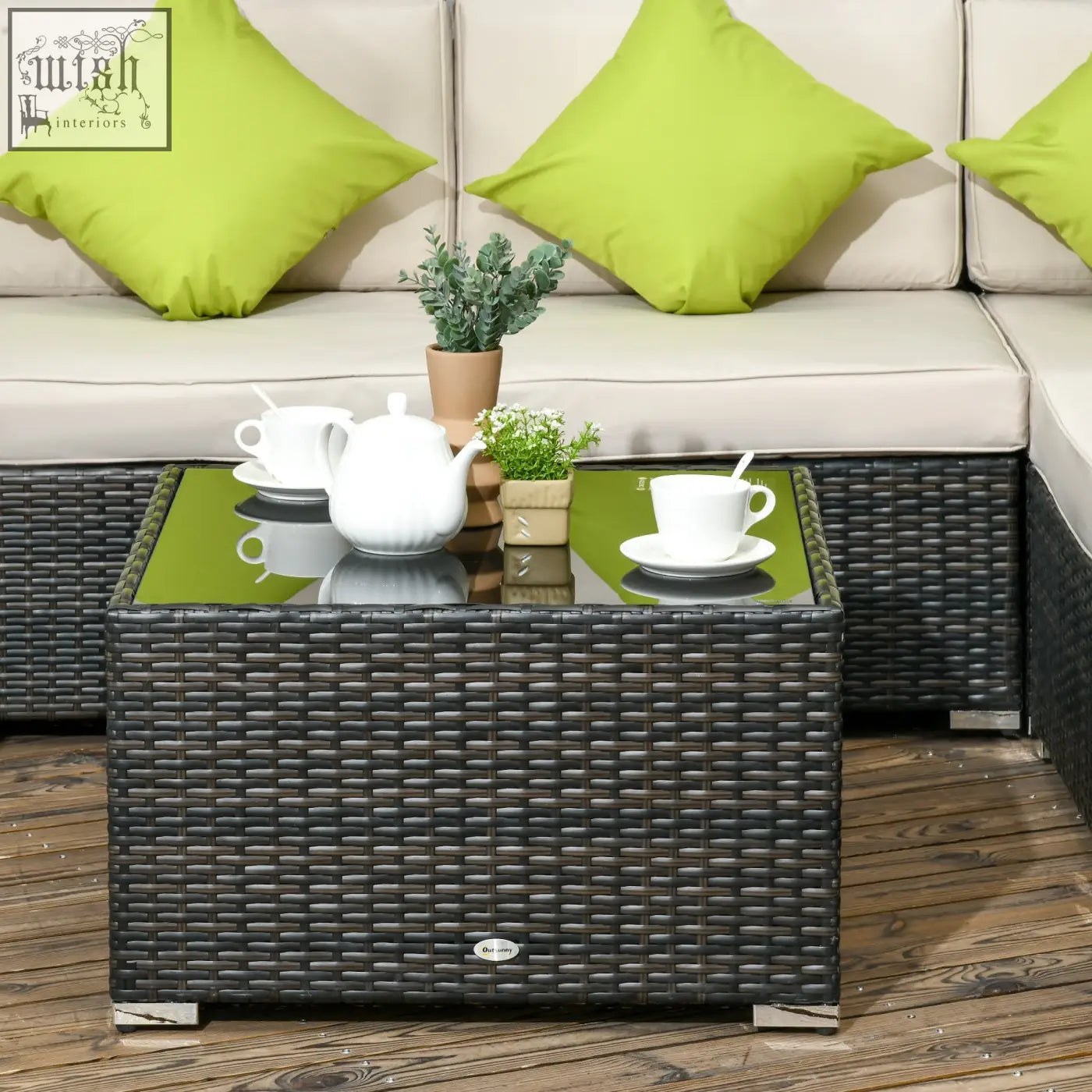 Black woven wicker coffee table with reflective green glass top for outsunny corner sofa set with steel frame