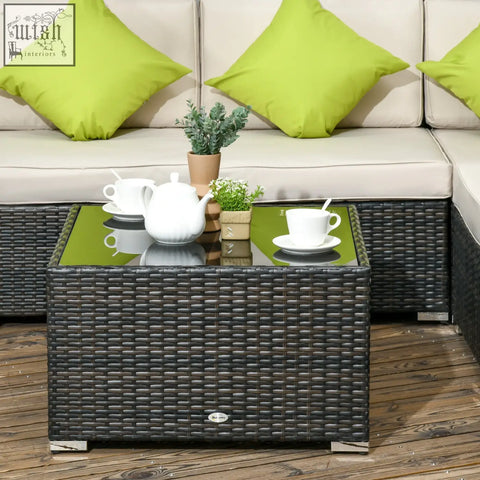 Black woven wicker coffee table with reflective green glass top for outsunny corner sofa set with steel frame