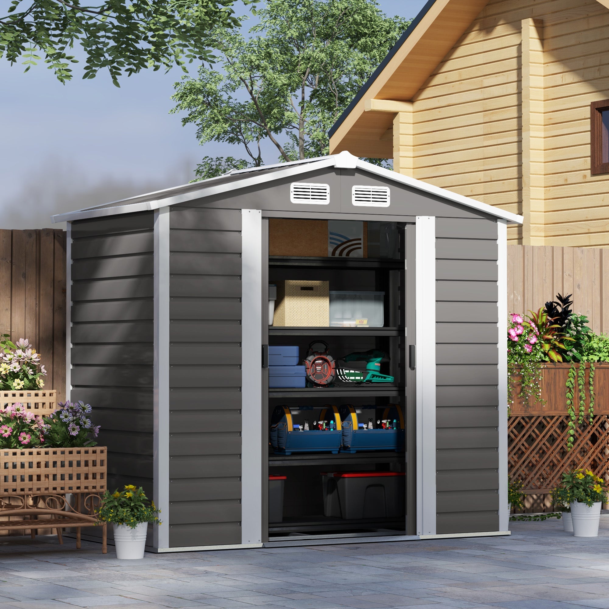 Gray and white outsunny 7 x 4ft garden storage shed with galvanised steel frame, gabled roof, vents, and double lock doors