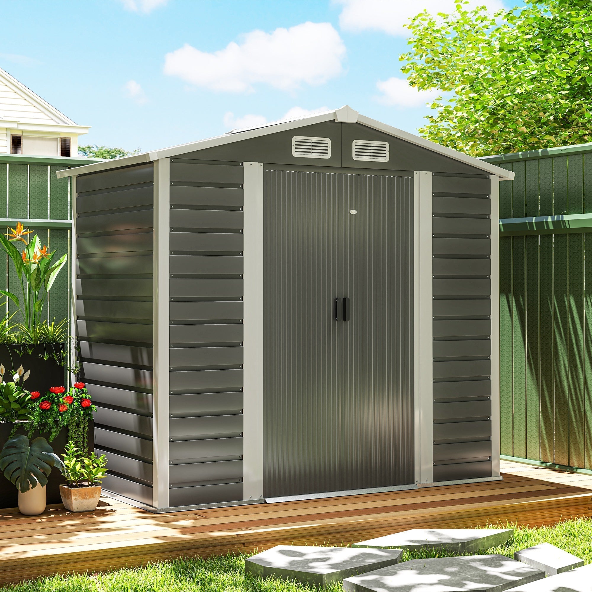 Gray metal garden storage shed with galvanised steel frame and double doors for easy outdoor storage