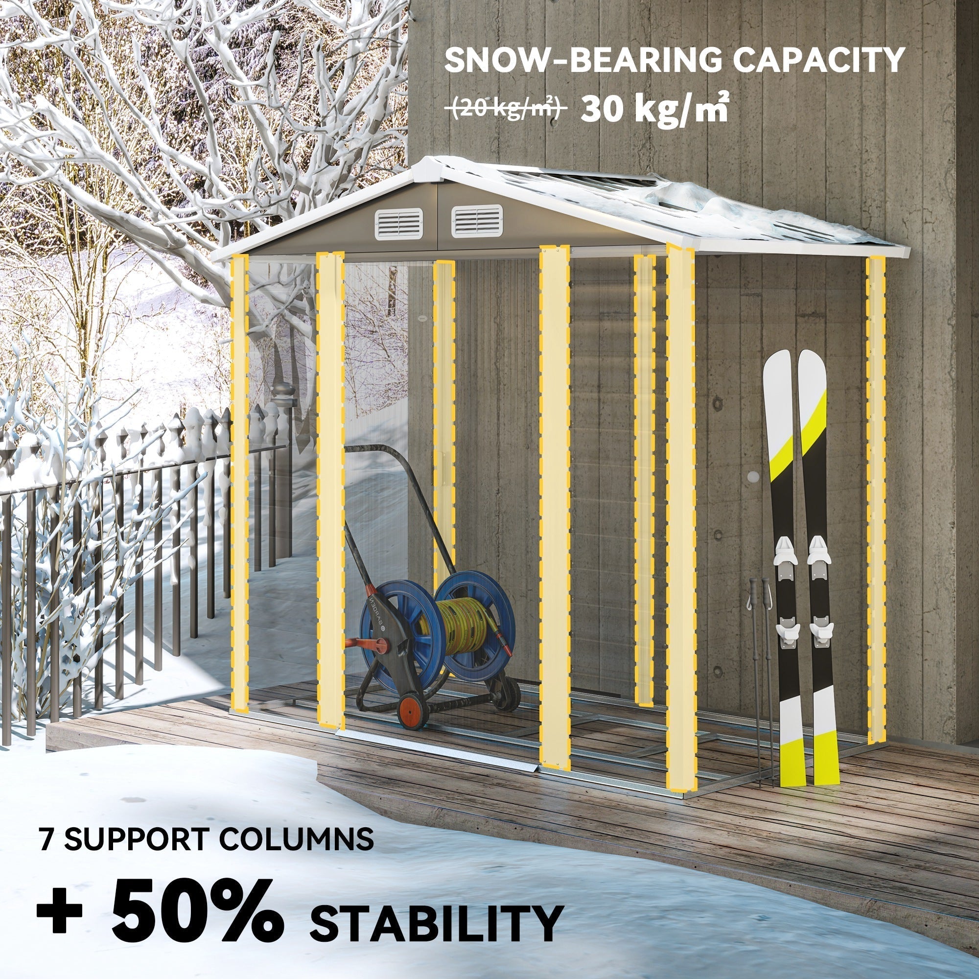 Outsunny 7x4ft garden storage shed with galvanised steel frame, dark grey roof, yellow frame, and clear sides for skis and gear