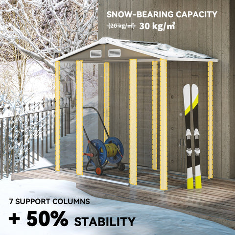Outsunny 7x4ft garden storage shed with galvanised steel frame, dark grey roof, yellow frame, and clear sides for skis and gear