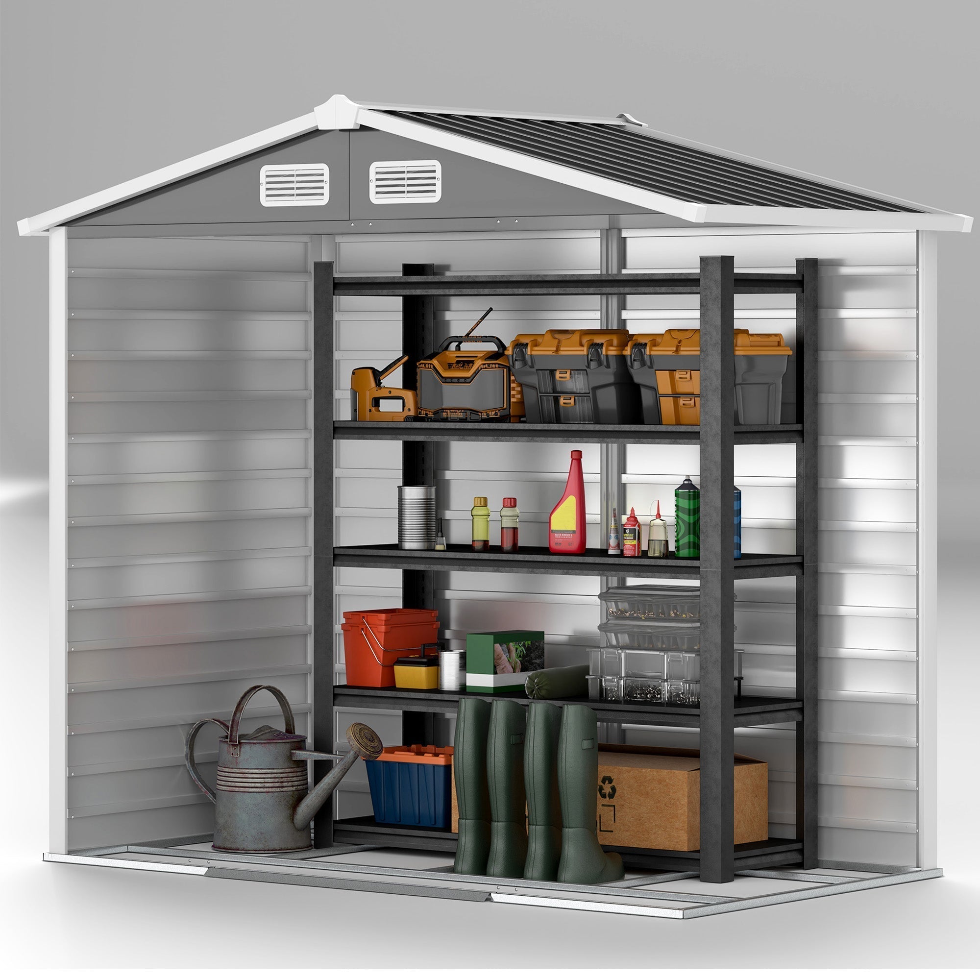 Gray metal garden storage shed with white trim and solar panel roof featuring a galvanised steel frame