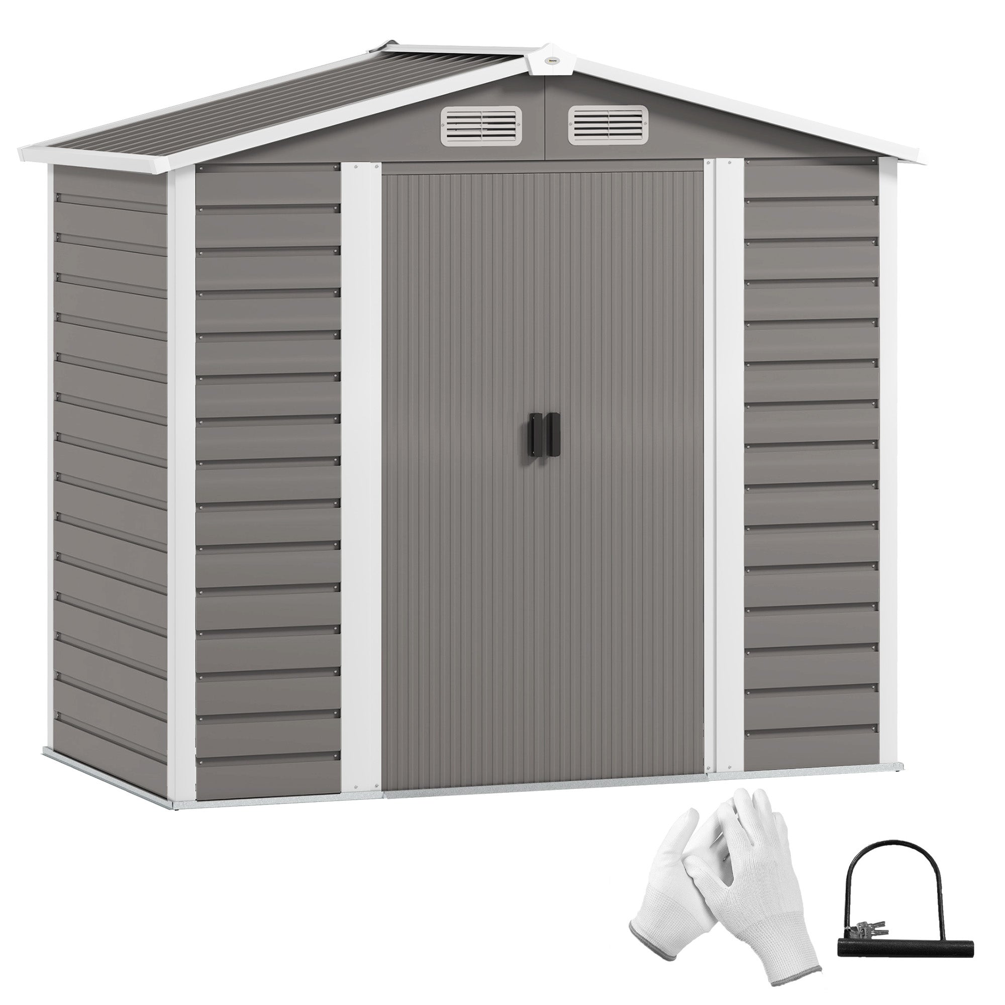 Gray outsunny garden storage shed with galvanised steel frame white trim double doors and solar panel roof