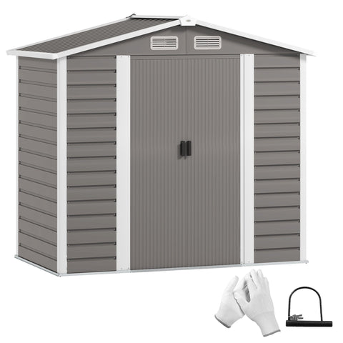 Gray outsunny garden storage shed with galvanised steel frame white trim double doors and solar panel roof