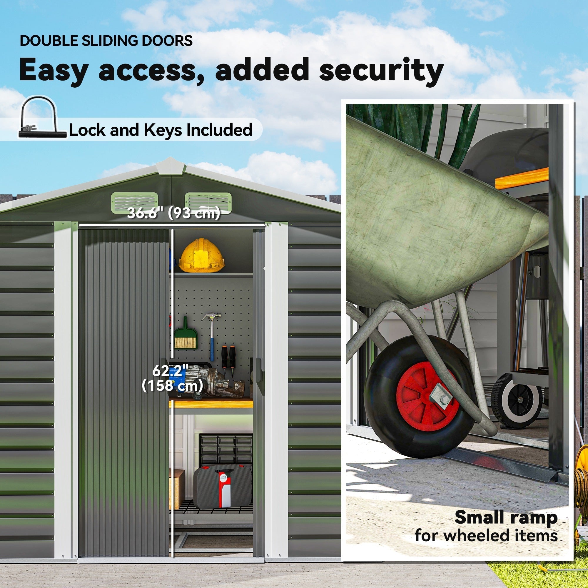 Green outsunny garden storage shed with galvanised steel frame double sliding doors and small ramp for easy access