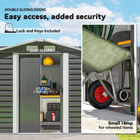 Green outsunny garden storage shed with galvanised steel frame double sliding doors and small ramp for easy access
