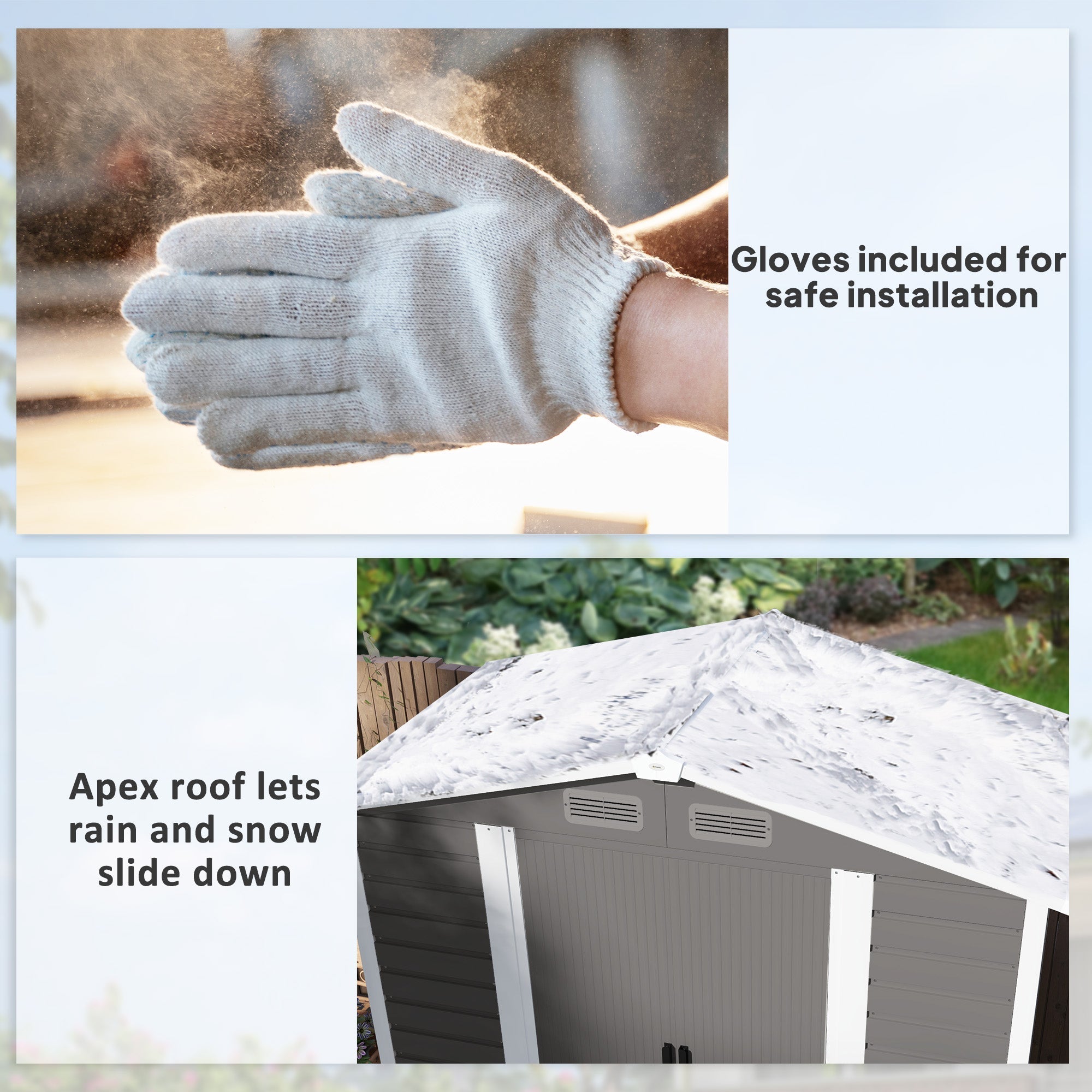 Gray outsunny garden storage shed with white apex roof and galvanised steel frame designed for rain and snow runoff