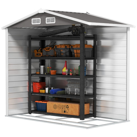 Gray metal garden storage shed with white trim black roof and built-in ventilation vents galvanized steel frame
