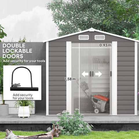 Gray plastic garden storage shed with white trim, double lockable doors, and a galvanised steel frame for outdoor use