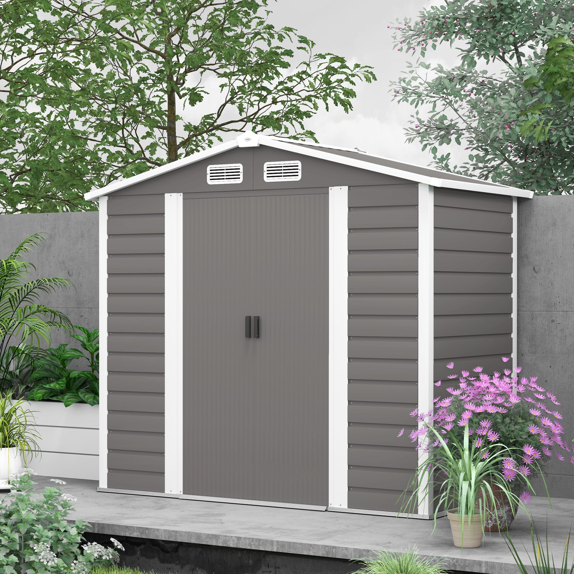 Gray plastic garden storage shed with white trim and ventilation vents featuring a galvanised steel frame