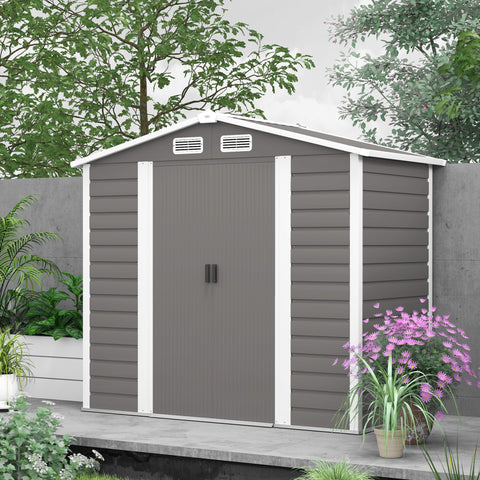 Gray plastic garden storage shed with white trim and ventilation vents featuring a galvanised steel frame