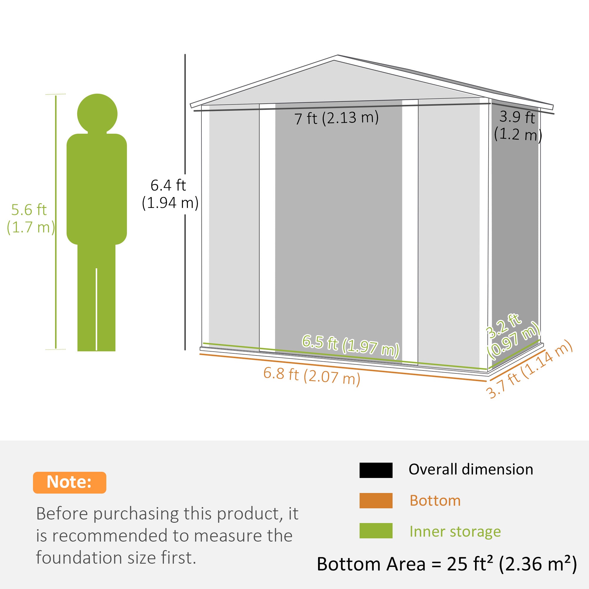 Gray wooden garden storage shed with galvanised steel frame and foundation kit shown with measurements and scale silhouette