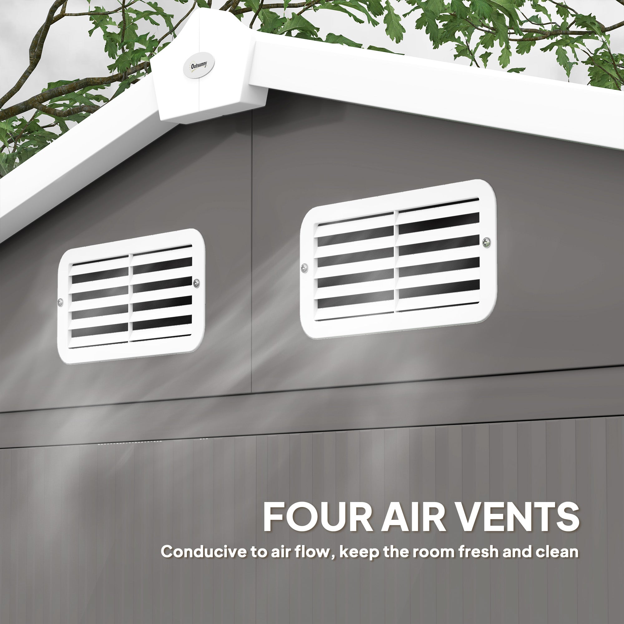 White rectangular air vents with horizontal slats on the gray wall of the outsunny garden storage shed with galvanised steel frame