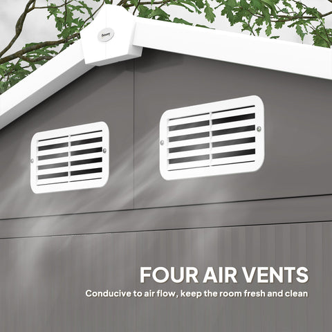 White rectangular air vents with horizontal slats on the gray wall of the outsunny garden storage shed with galvanised steel frame