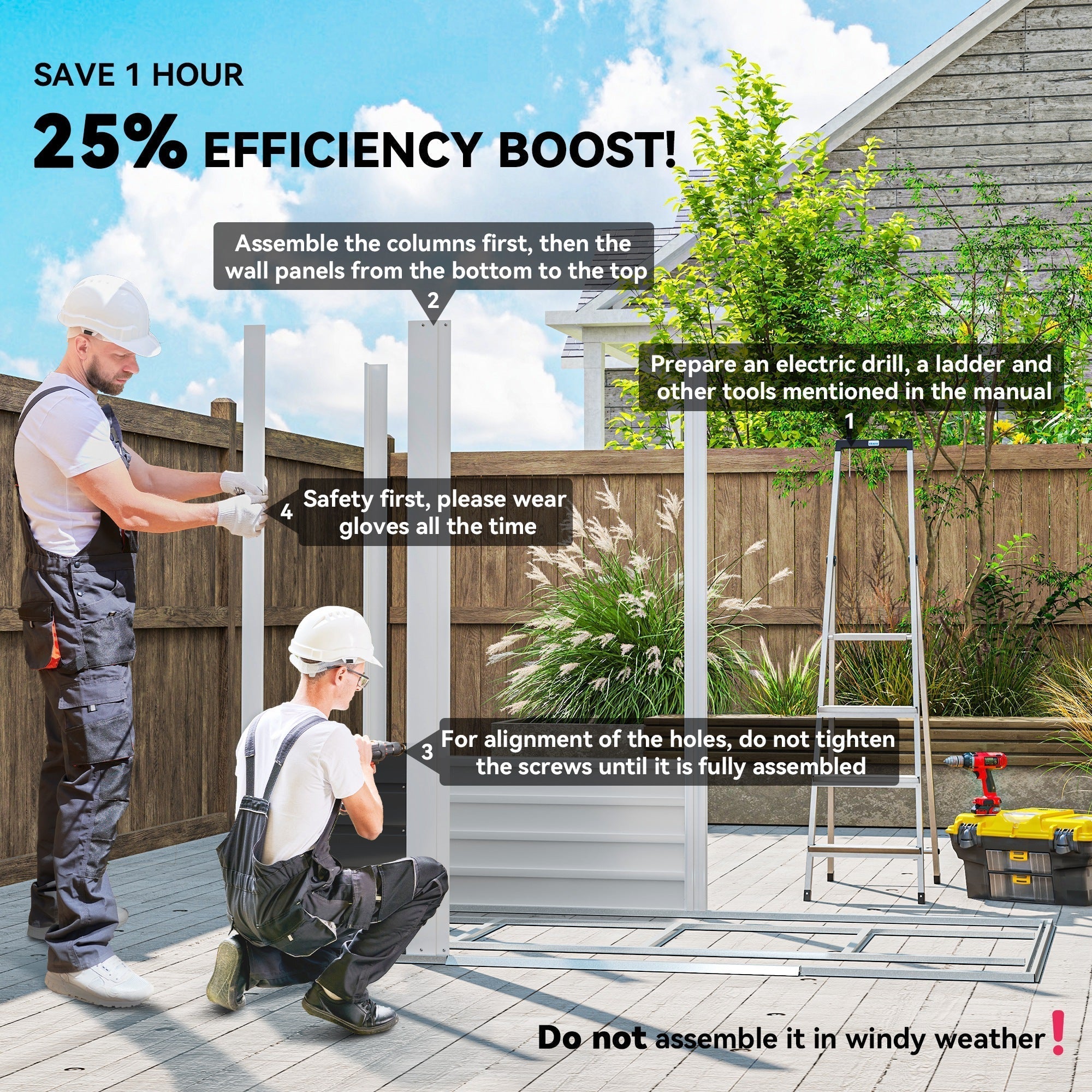 White metal outdoor fence panel with vertical posts and rails for easy assembly outside galvanised steel garden storage shed