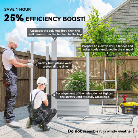 White metal outdoor fence panel with vertical posts and rails for easy assembly outside galvanised steel garden storage shed