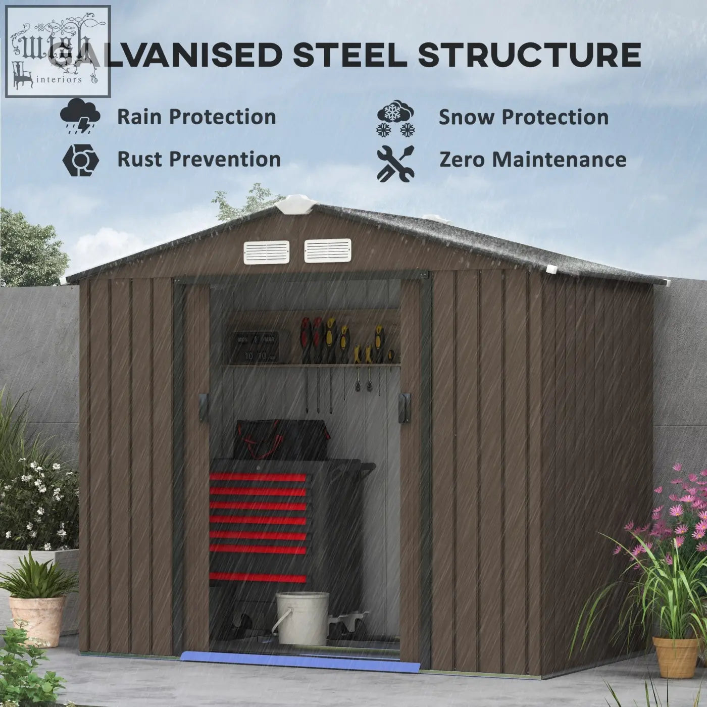 Brown outsunny 7x4ft galvanized steel garden shed with lockable double doors open showing tools and foundation kit