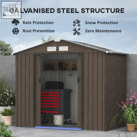 Brown outsunny 7x4ft galvanized steel garden shed with lockable double doors open showing tools and foundation kit