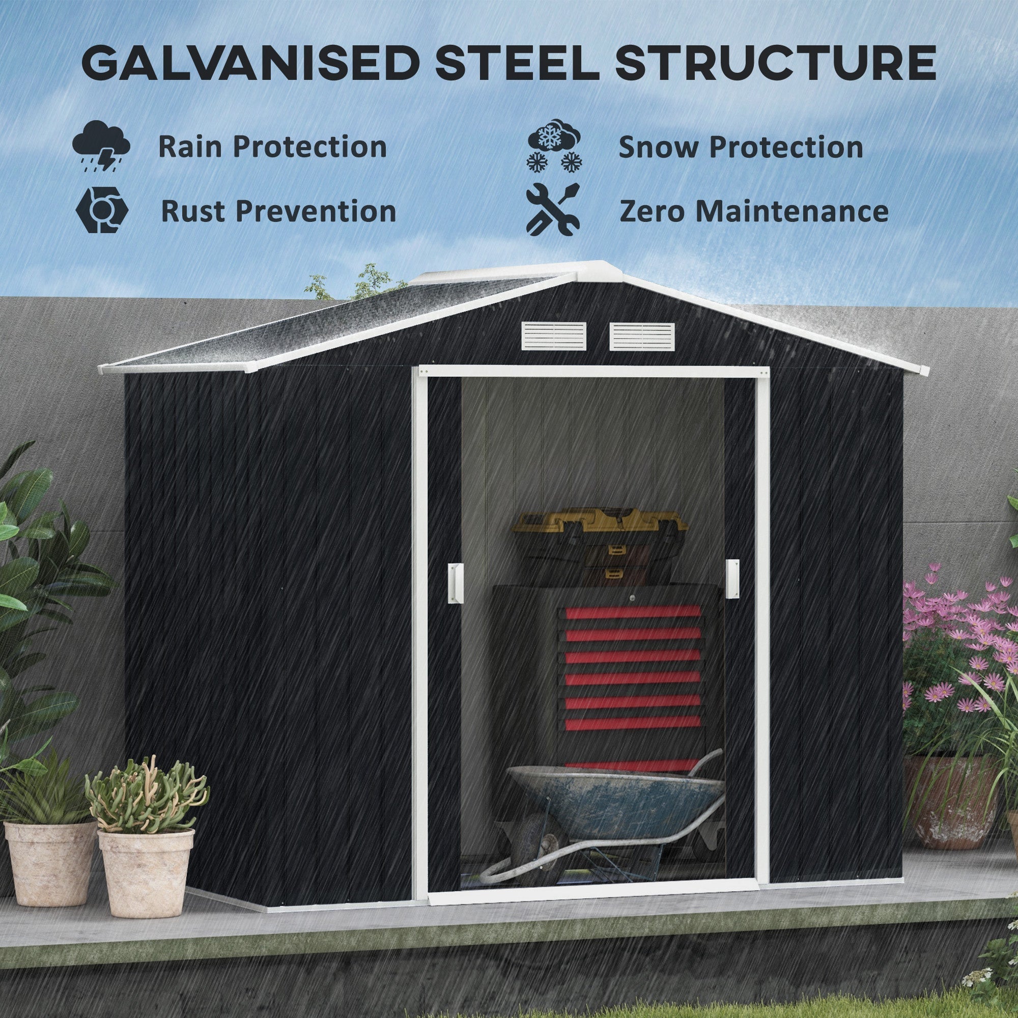 Outsunny 7 x 4ft galvanised steel garden shed with lockable double doors foundation kit and glass door showing tools inside