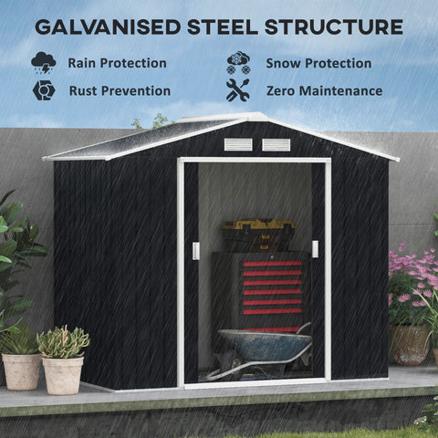 Outsunny 7 x 4ft galvanised steel garden shed with lockable double doors foundation kit and glass door showing tools inside