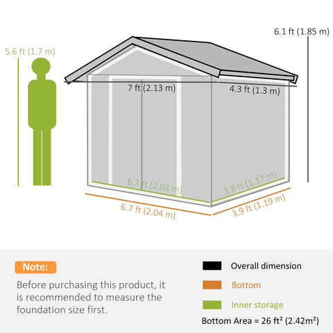 Gray galvanised steel outsunny 7 x 4ft garden shed with lockable double doors ventilation slots and foundation kit with dimensions labeled
