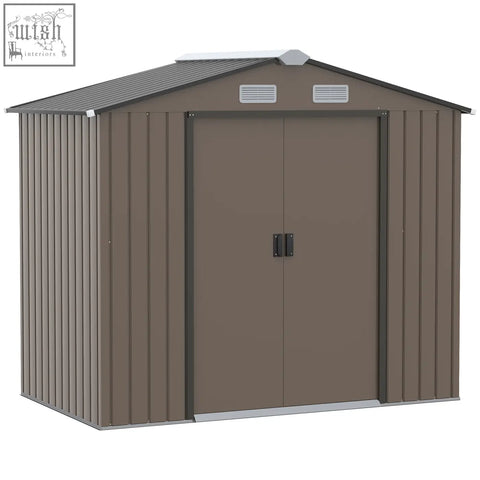 Brown galvanised steel outsunny 7x4ft metal garden shed with lockable double doors and foundation kit for outdoor storage