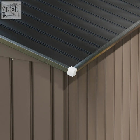 White plastic corner cap on dark gray galvanised steel roof of outsunny 7 x 4ft metal garden shed with lockable double doors and foundation kit