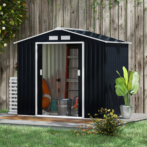Outsunny 7 x 4ft black metal garden shed with white trim lockable double doors galvanised steel and foundation kit