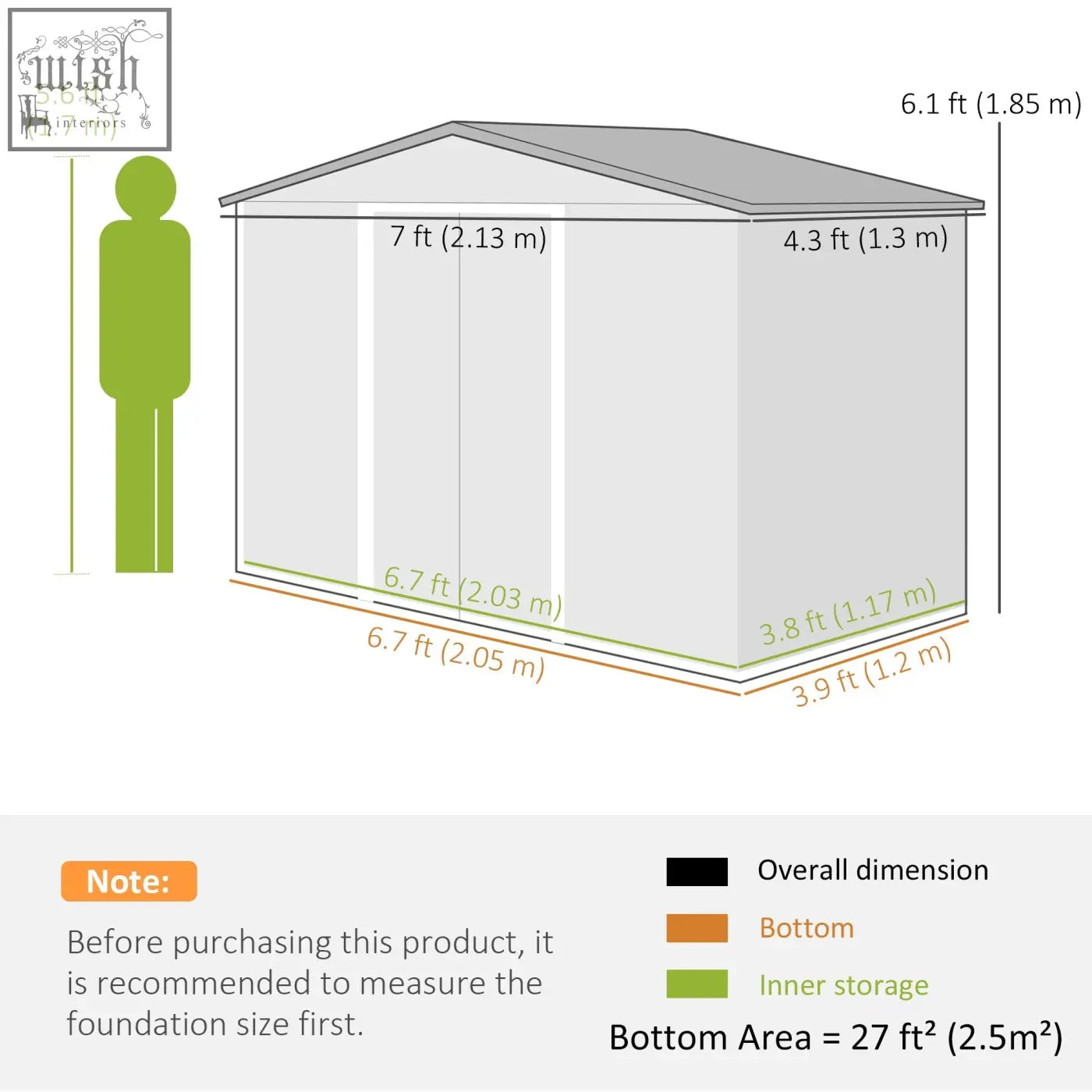 Gray metal outsunny 7 x 4ft garden shed with lockable double doors foundation kit and galvanised steel panels shown with measurements